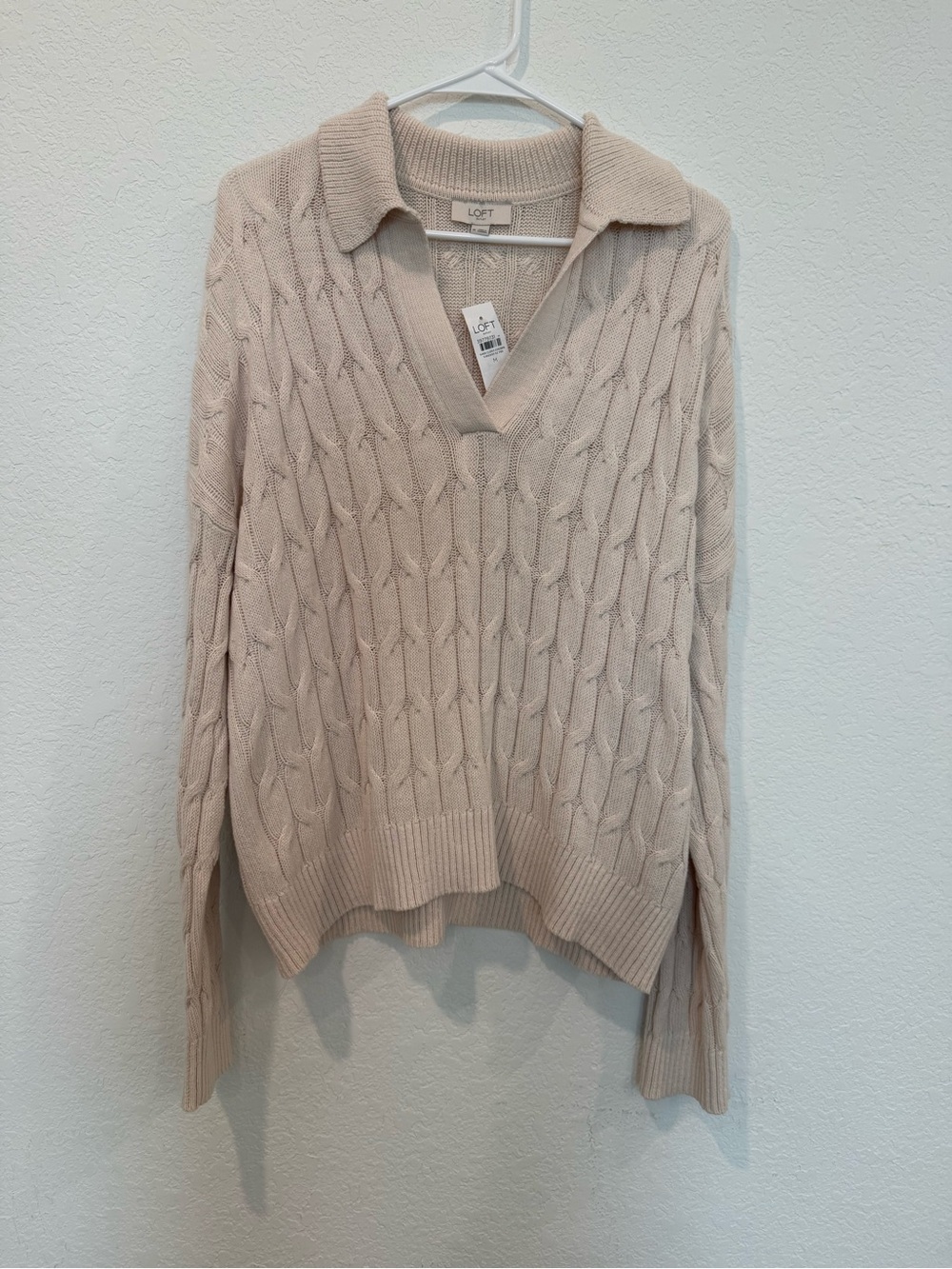 LOFT Women's Cable Knit V-Neck Collared Sweater in Light Taupe
